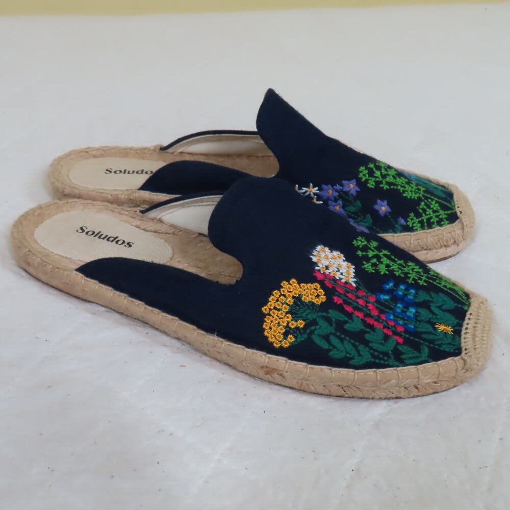 Soludos Floral Embroidered Slip-On Mules Midnight Blue Sz 8